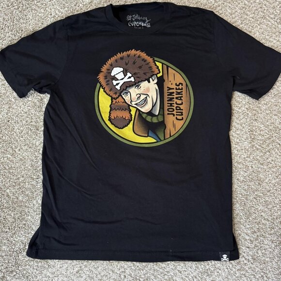 Johnny Cupcakes Shirt Mens XL Black Graphic Movie Tee Graphic Novelty Braces Hat - Picture 1 of 8